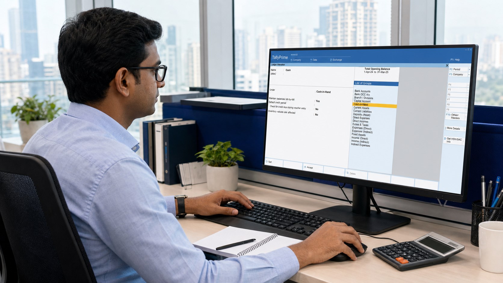 Accounting professional working in TallyPrime on a desktop computer