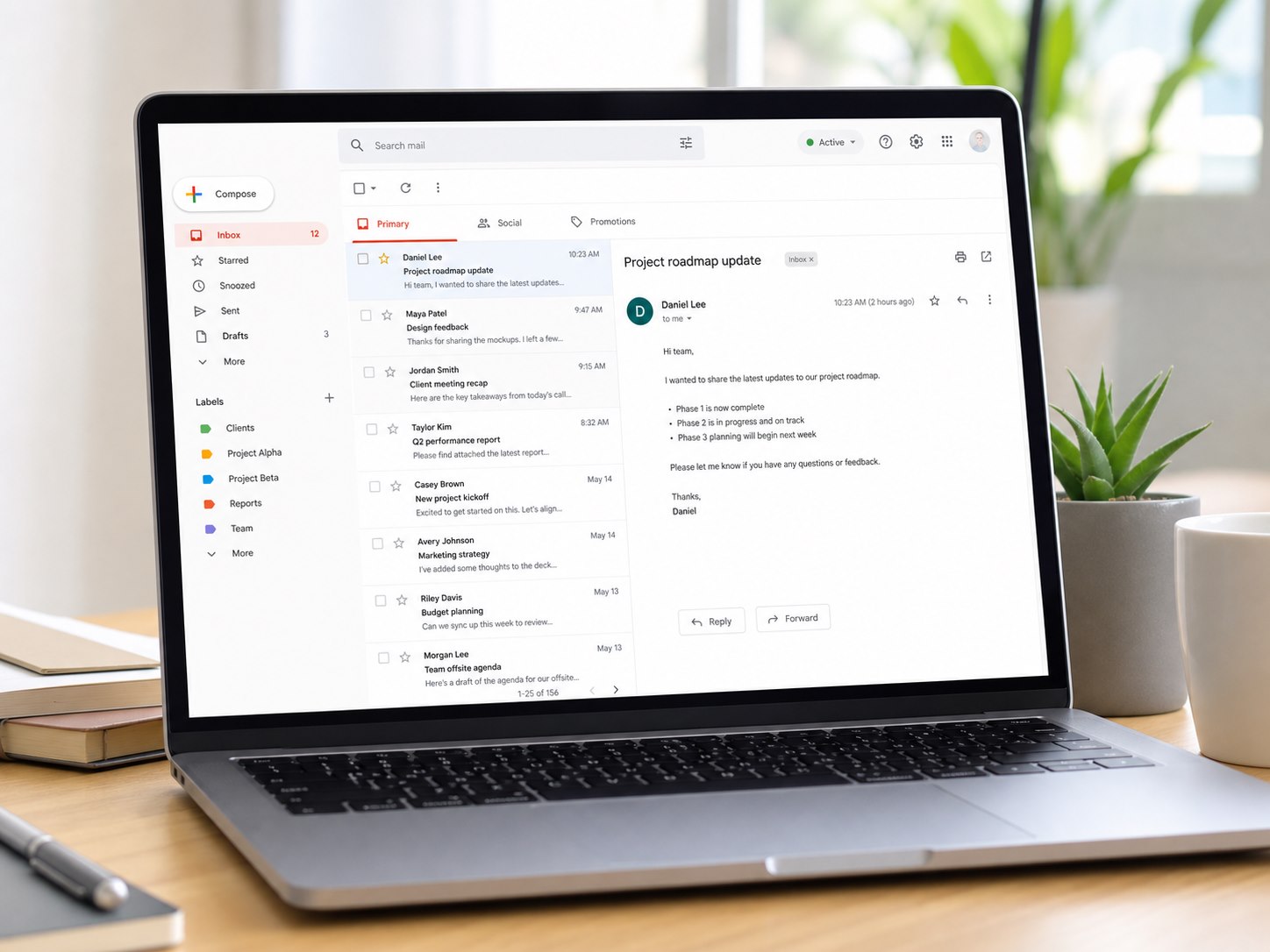 Organised business email mailbox on a laptop